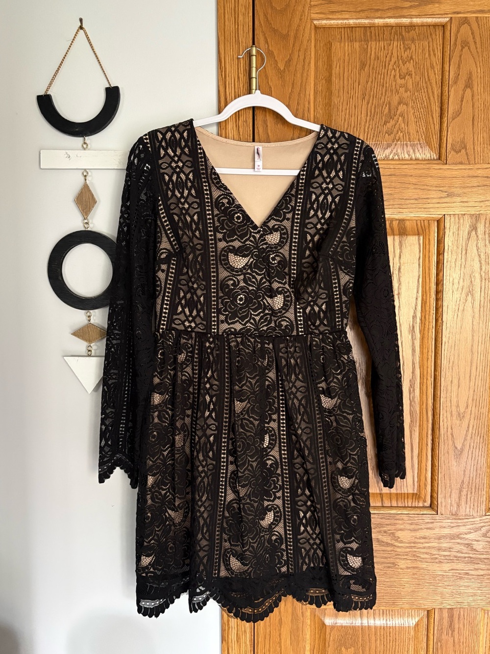 Xhilaration Black Lace Long Sleeve V-Neck Dress with Nude Lining